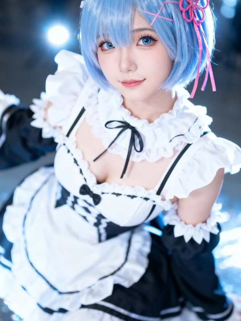 Re:Zero Rem Maid Cosplay Costume Outfit & Styled Blue Wig Set L